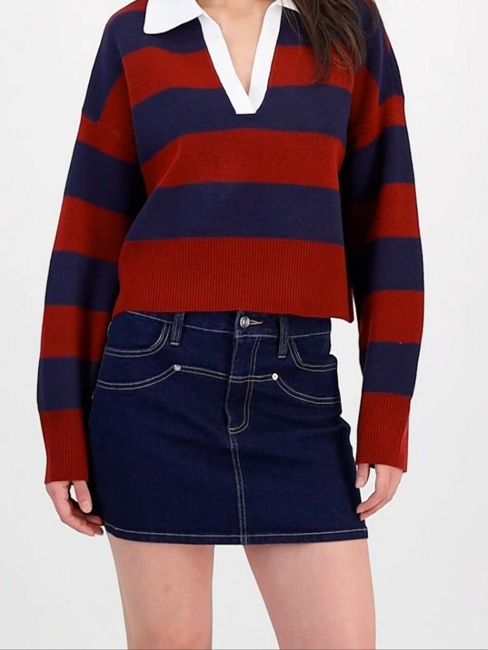 Bar III Cropped Rugby Stripe Sweater-Burgundy and Navy- Size Small